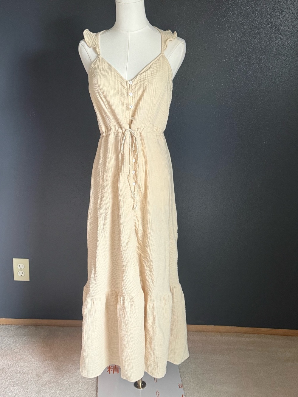BaeVely Cream Button-Front Maxi Dress with Ruffle Straps